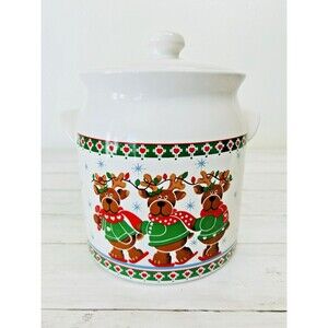 Vintage B&D Reindeer Cookie Jar Green Red Hearts White 1980’s 8' tall W/Lid